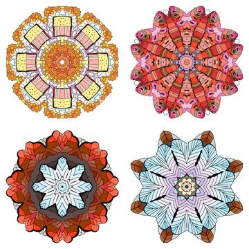 Hand drawn zentangle set of 4 color mandalas for decoration Иллюстрация