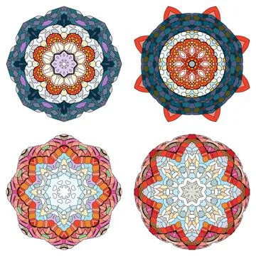 Hand drawn zentangle set of 4 color mandalas for decoration Illustrazione stock