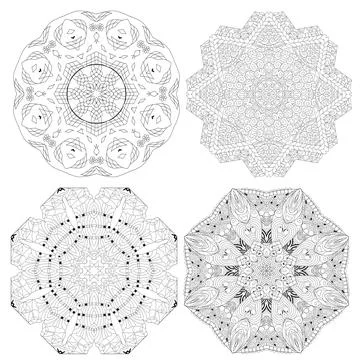 Hand drawn zentangle set of 4 mandalas for coloring page. Ilustración de archivo