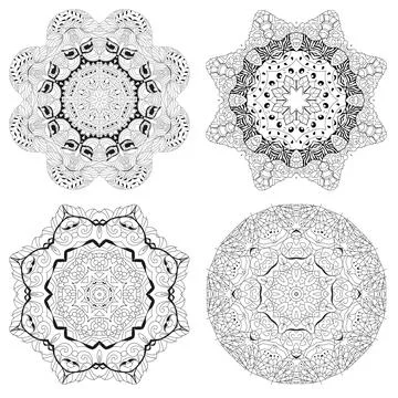 Hand drawn zentangle set of 4 mandalas for coloring page. Stock Illustration