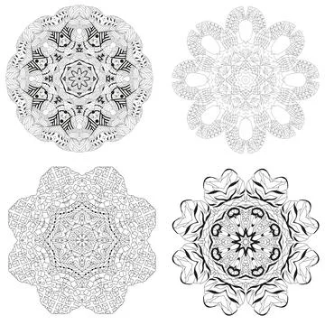 Hand drawn zentangle set of 4 mandalas for coloring page. Illustration