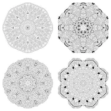 Hand drawn zentangle set of 4 mandalas for coloring page. Иллюстрация