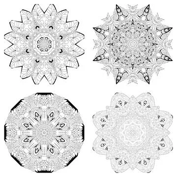 Hand drawn zentangle set of 4 mandalas for coloring page. イラスト素材