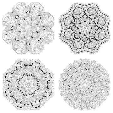 Hand drawn zentangle set of 4 mandalas for coloring page. Stock Illustration