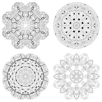 Hand drawn zentangle set of 4 mandalas for coloring page. Illustrazione stock