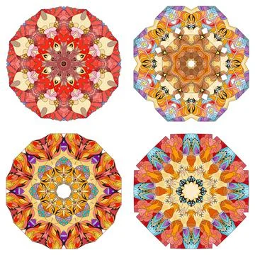 Hand drawn zentangle set of 4 color mandalas for decoration Stock Illustration