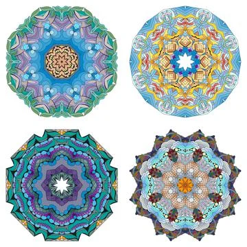 Hand drawn zentangle set of 4 color mandalas for decoration Ilustración de archivo