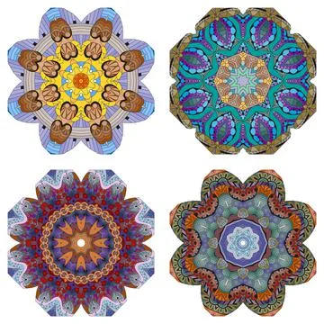 Hand drawn zentangle set of 4 color mandalas for decoration Иллюстрация