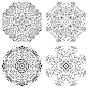 Hand drawn zentangle set of 4 mandalas for coloring page. Stock Illustration