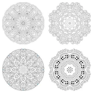Hand drawn zentangle set of 4 mandalas for coloring page. Ilustración de archivo