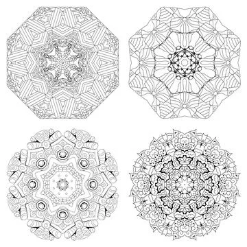 Hand drawn zentangle set of 4 mandalas for coloring page. Иллюстрация