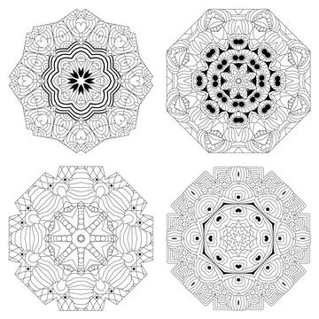 Hand drawn zentangle set of 4 mandalas for coloring page. Stock Illustration