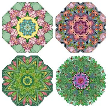 Hand drawn zentangle set of 4 color mandalas for decoration Stock Illustration