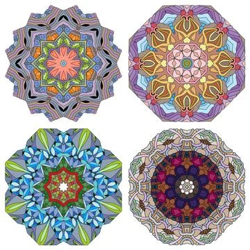 Hand drawn zentangle set of 4 color mandalas for decoration Stock Illustration