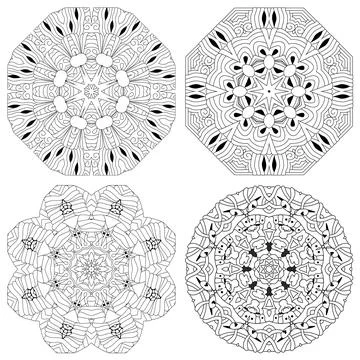 Hand drawn zentangle set of 4 mandalas for coloring page. Stock Illustration