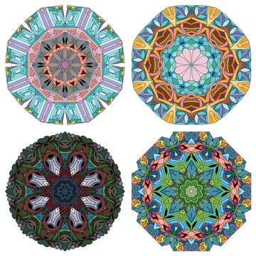 Hand drawn zentangle set of 4 color mandalas for decoration Ilustración de archivo