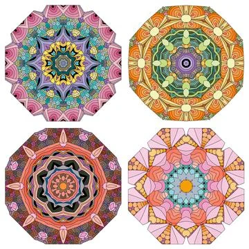 Hand drawn zentangle set of 4 color mandalas for decoration Stock Illustration