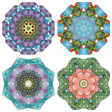 Hand drawn zentangle set of 4 color mandalas for decoration Иллюстрация