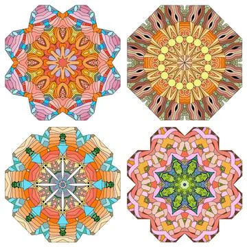 Hand drawn zentangle set of 4 color mandalas for decoration Stock Illustration
