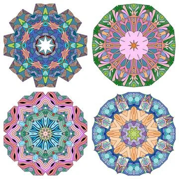 Hand drawn zentangle set of 4 color mandalas for decoration Stock Illustration