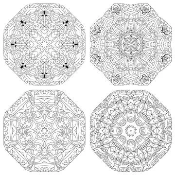Hand drawn zentangle set of 4 mandalas for coloring page. Stock Illustration