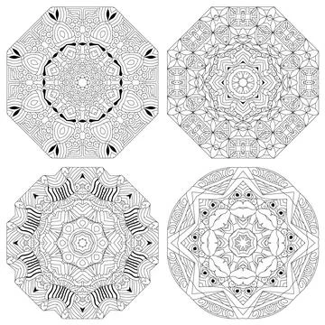 Hand drawn zentangle set of 4 mandalas for coloring page. Stock Illustration
