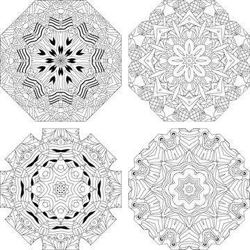 Hand drawn zentangle set of 4 mandalas for coloring page. Stock Illustration
