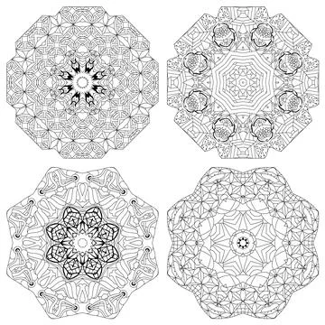 Hand drawn zentangle set of 4 mandalas for coloring page. Stock Illustration