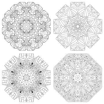 Hand drawn zentangle set of 4 mandalas for coloring page. Stock Illustration