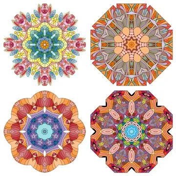 Hand drawn zentangle set of 4 color mandalas for decoration イラスト素材