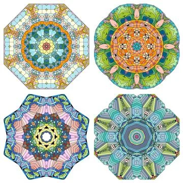 Hand drawn zentangle set of 4 color mandalas for decoration Stock Illustration