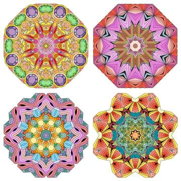 Hand drawn zentangle set of 4 color mandalas for decoration イラスト素材