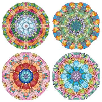 Hand drawn zentangle set of 4 color mandalas for decoration Иллюстрация