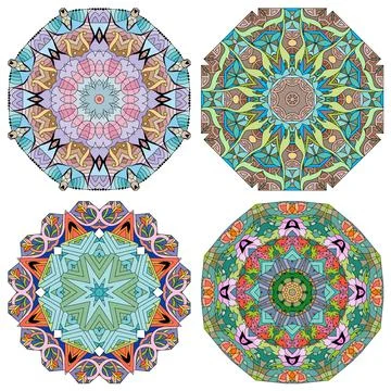 Hand drawn zentangle set of 4 color mandalas for decoration Stockillustratie