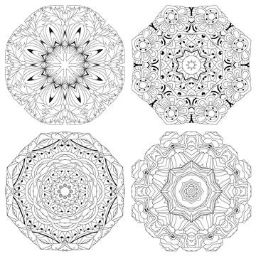 Hand drawn zentangle set of 4 mandalas for coloring page. Stock Illustration