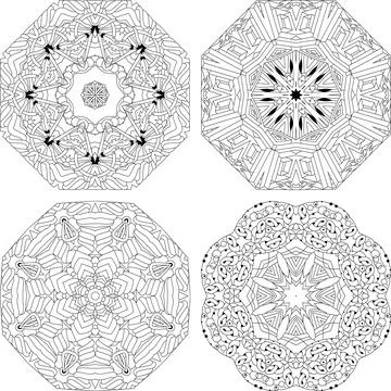 Hand drawn zentangle set of 4 mandalas for coloring page. Ilustración de archivo