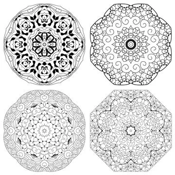 Hand drawn zentangle set of 4 mandalas for coloring page. Stock Illustration