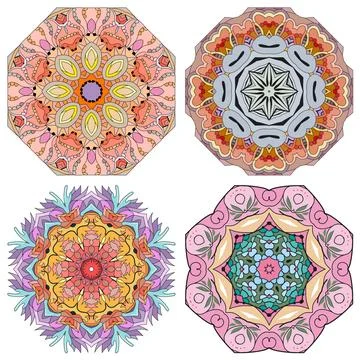 Hand drawn zentangle set of 4 color mandalas for decoration Illustrazione stock