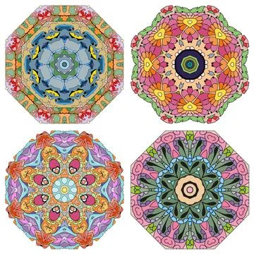 Hand drawn zentangle set of 4 color mandalas for decoration Ilustração Stock