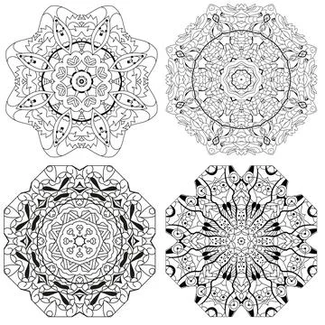 Hand drawn zentangle set of 4 mandalas for coloring page. Stock Illustration