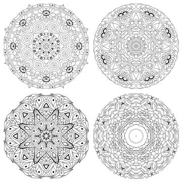 Hand drawn zentangle set of 4 mandalas for coloring page. Иллюстрация