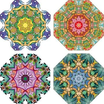 Hand drawn zentangle set of 4 color mandalas for decoration Illustrazione stock