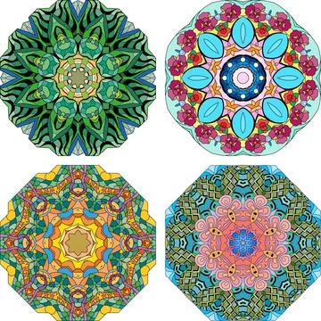 Hand drawn zentangle set of 4 color mandalas for decoration Stock Illustration