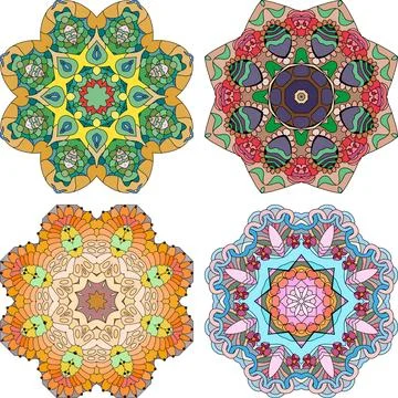 Hand drawn zentangle set of 4 color mandalas for decoration Stock Illustration