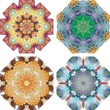 Hand drawn zentangle set of 4 color mandalas for decoration Stock Illustration