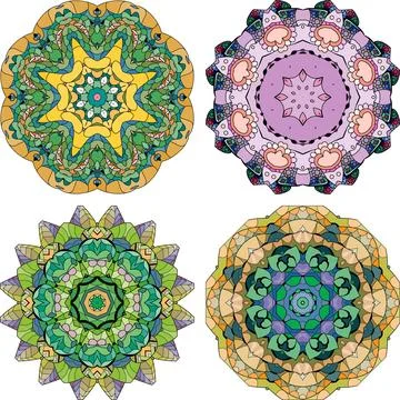 Hand drawn zentangle set of 4 color mandalas for decoration Stock Illustration