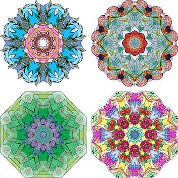 Hand drawn zentangle set of 4 color mandalas for decoration Иллюстрация