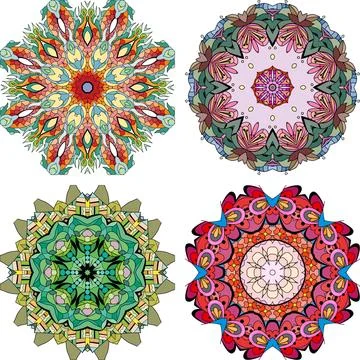 Hand drawn zentangle set of 4 color mandalas for decoration Stock Illustration