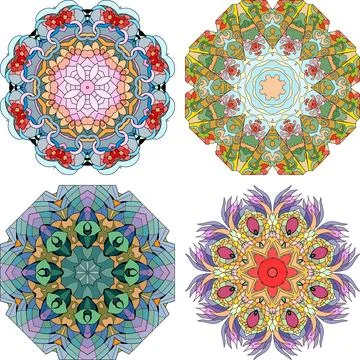 Hand drawn zentangle set of 4 color mandalas for decoration Stock Illustration