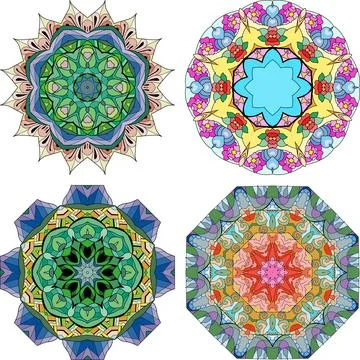 Hand drawn zentangle set of 4 color mandalas for decoration Stock Illustration
